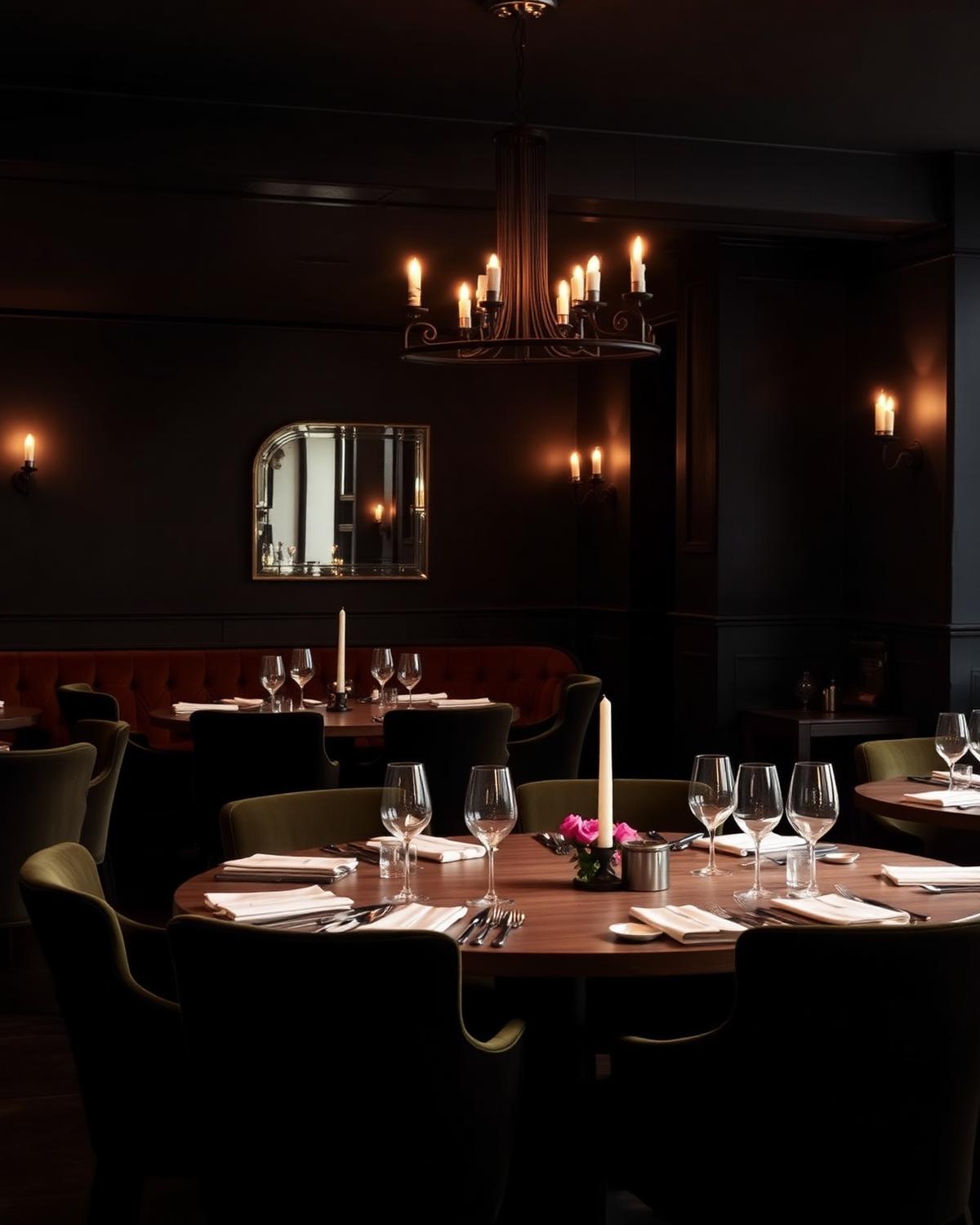 Candlelit dining room with olive velvet chairs