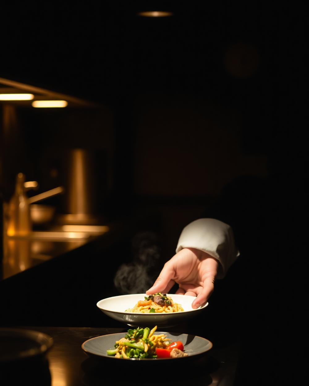 Chef plating a dish in the open kitchen